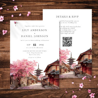 Kyoto Japan Watercolor QR Code Wedding Kaart