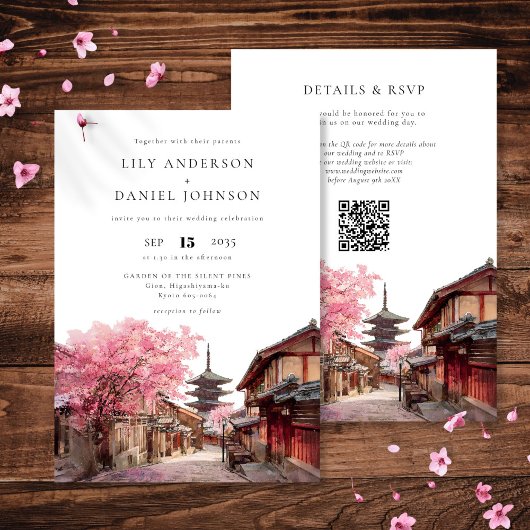 Kyoto Japan Watercolor QR Code Wedding Kaart