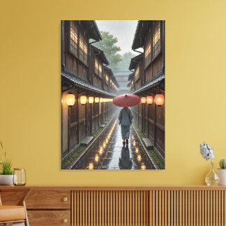 Kyoto Lantern Rain – Ghibli-geïnspireerde kunstpri Canvas Afdruk