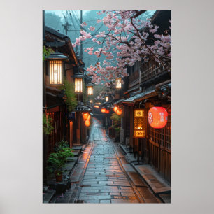 Kyoto Straat bij Schemering – Lantaarn Japanse Kun Poster