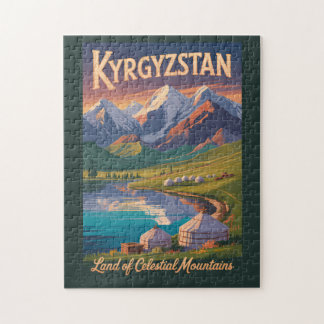 Kyrgyzstan Mountains Illustration Travel Art Vinta Legpuzzel