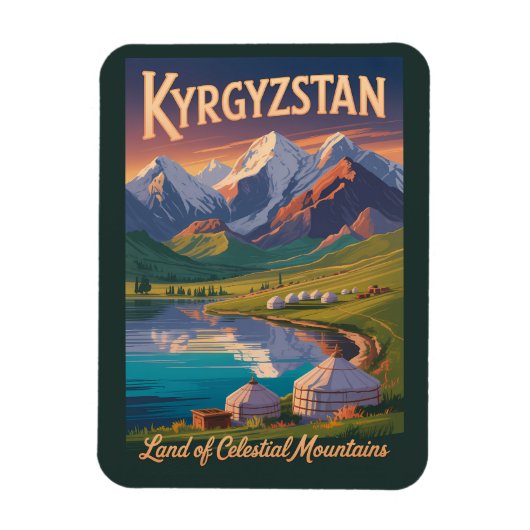 Kyrgyzstan Mountains Illustration Travel Art Vinta Magneet (Verticaal)