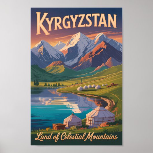 Kyrgyzstan Mountains Illustration Travel Art Vinta Poster (Voorkant)