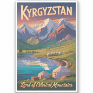Kyrgyzstan Mountains Illustration Travel Art Vinta Sticker