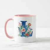 L blauwe monogram met bloemen mok (Links)