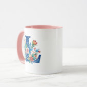 L blauwe monogram met bloemen mok (Voorkant links)
