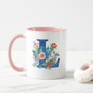 L blauwe monogram met bloemen mok