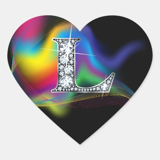 "L" Diamond Bling on Rainbow Swirl Heart Sticker (Voorkant)