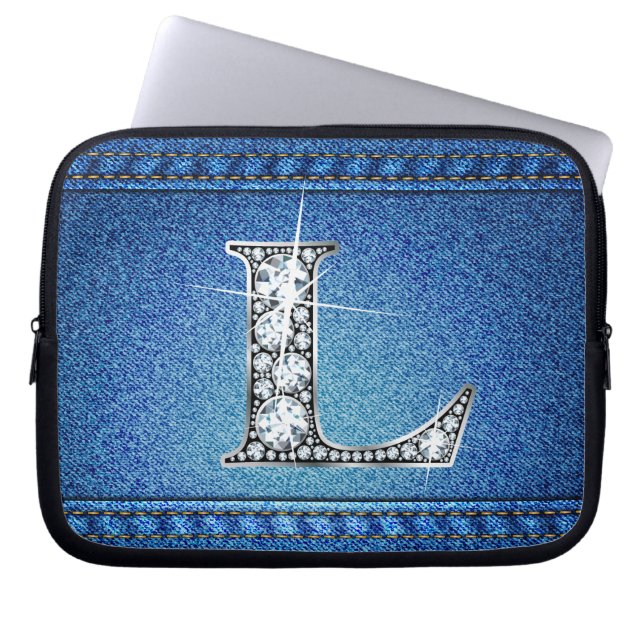 L Faux "Diamond" Denim Stitching Electronics Bag Laptop Sleeve (Voorkant)