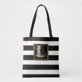 L Gold Floral Monogram | Zwarte witte gouden strep Tote Bag (Voorkant)