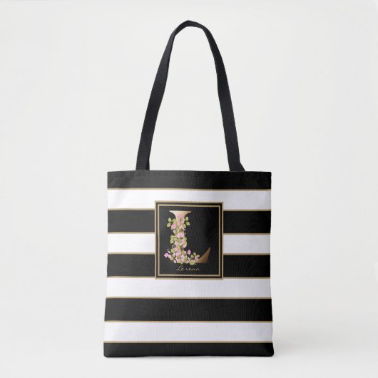 L Gold Floral Monogram | Zwarte witte gouden strep Tote Bag (Voorkant)