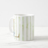 L gouden initiaal op blauwe en witte strepen koffiemok (Voorkant links)