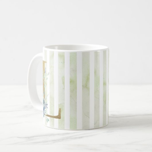 L gouden initiaal op blauwe en witte strepen koffiemok (Voorkant links)