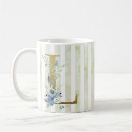 L gouden initiaal op blauwe en witte strepen koffiemok