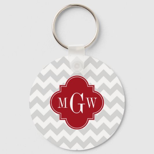 L Gray Wht Chevron Cranberry Quatrefoil 3 Monogram Sleutelhanger (Voorkant)