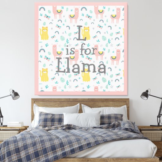 L is voor Llama Boho Cute Alapaca Nursery Canvas Afdruk (Insitu (Slaapkamer))