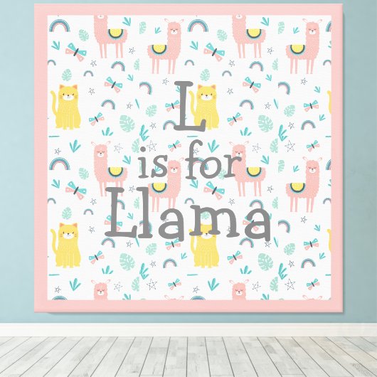 L is voor Llama Boho Cute Alapaca Nursery Canvas Afdruk (Insitu (Houten vloer))