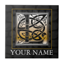 L "Jouw naam" Celtic Black Stone Monogram Tile Tegeltje