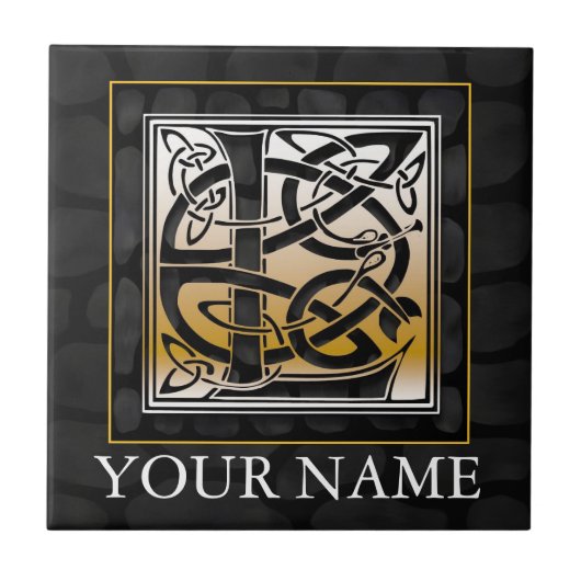 L "Jouw naam" Celtic Black Stone Monogram Tile Tegeltje (Voorkant)