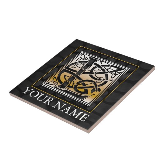 L "Jouw naam" Celtic Black Stone Monogram Tile Tegeltje (Zijkant)