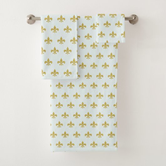 L@@K! - Aqua Gold Fleur de Lis Pattern Bad Handdoek (Insitu)