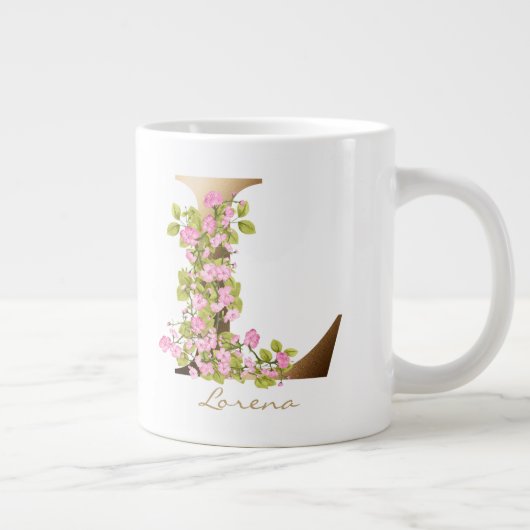 L Letter Gold Monogram | Roze Cherry Blossom Grote Koffiekop (Rechts)
