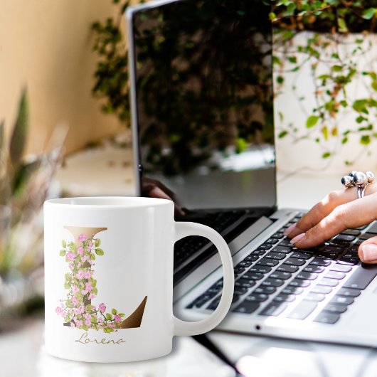 L Letter Gold Monogram | Roze Cherry Blossom Grote Koffiekop