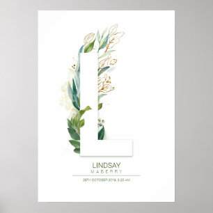L Letter Monogram Gold Greenery Foliage Chic Poster