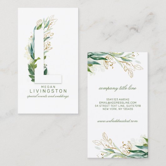 L Letter Monogram Gold Greenery Leaves Elegant Visitekaartje (Voorkant / Achterkant)