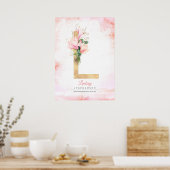 L Letter Monogram Gold Leaves Pink Magnolia Floral Poster (Keuken)