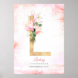 L Letter Monogram Gouden Bladeren Roze Magnolia Bl Poster
