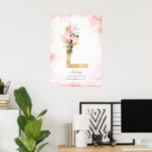 L Letter Monogram Gouden Bladeren Roze Magnolia Bl Poster (Thuiskantoor)