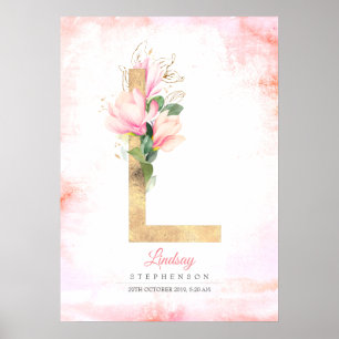L Letter Monogram Gouden Bladeren Roze Magnolia Bl Poster