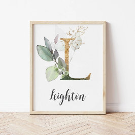 L Letter Monogram Groene Muurdecoratie met Naam vo Poster