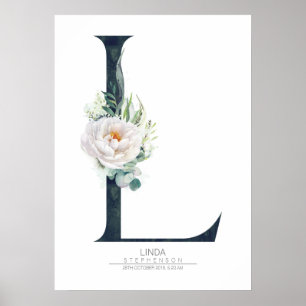L Letter Monogram Witte Bloemen en Groene Planten Poster