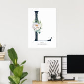 L Letter Monogram Witte Bloemen en Groene Planten Poster (Thuiskantoor)