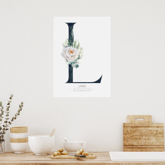 L Letter Monogram Witte Bloemen en Groene Tinten Poster (Keuken)