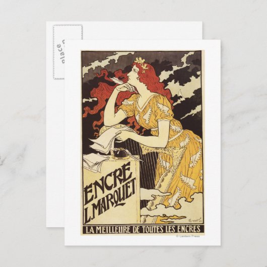 L. Marquet Ink Red-Headed Voman & Harp Briefkaart (Voorkant / Achterkant)