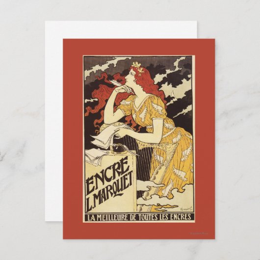 L. Marquet Ink Red-Headed Voman & Harp Briefkaart (Voorkant / Achterkant)