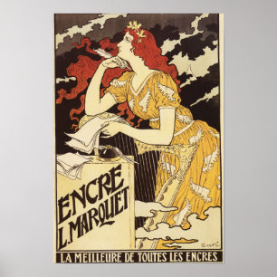 L. Marquet Ink Red-Headed Voman & Harp Poster