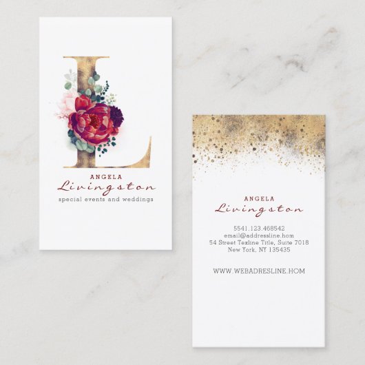 L Monogram Bourgogne Bloemen en Gouden Glitter Visitekaartje (Voorkant / Achterkant)