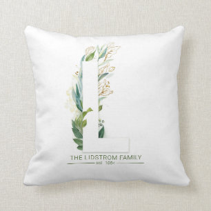 L Monogram Elegant Gold Greenery Familienaam Kussen