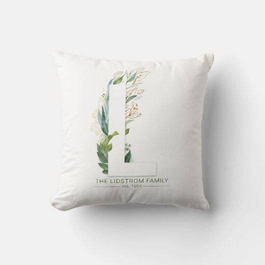 L Monogram Elegante Gouden Groene Familienaam Kussen (Voorkant)