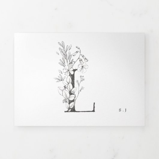 'L' Monogram mooi geborsteld Floral Wedding Drieluik Uitnodiging (Cover)