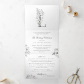'L' Monogram mooi geborsteld Floral Wedding Drieluik Uitnodiging (Binnen)