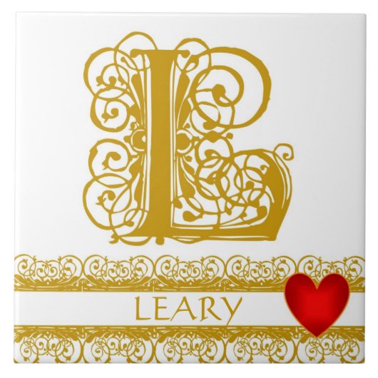 L Monogram Naam Gold Lace Red Heart Sjabloon Tegel Tegeltje (Voorkant)