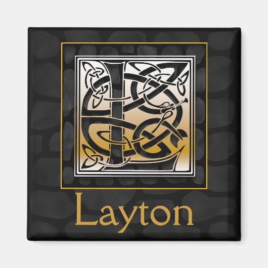 L Name Monogram "Celtic Black Stone" Square Magnet (Voorkant)