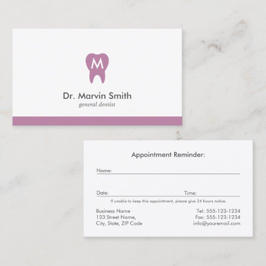 L Paarse Tandarts Monogram Tand Dental Afspraak Afsprakenkaartje (Voorkant / Achterkant)