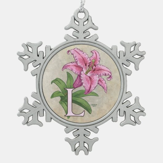 L voor Lily Flower Alphabet Monogram Tin Sneeuwvlok Ornament (Voorkant)