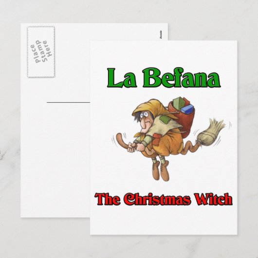 La Befana de Heks van Kerstmis. Feestdagenkaart (Voorkant / Achterkant)